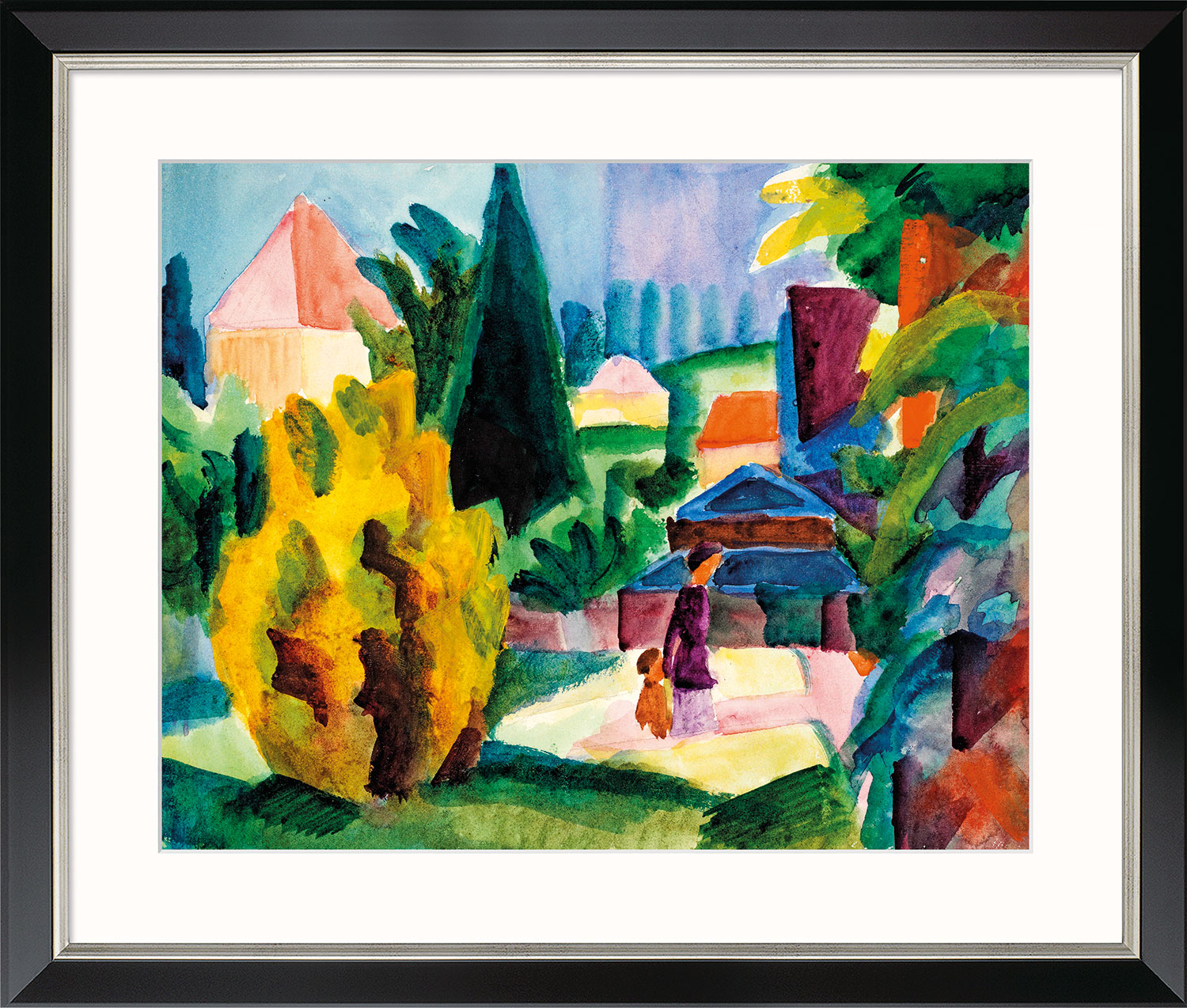 August Macke: Bild ‚Im Schlossgarten von Oberhofen‘ (1914), Version schwarz-silberfarben gerahmt