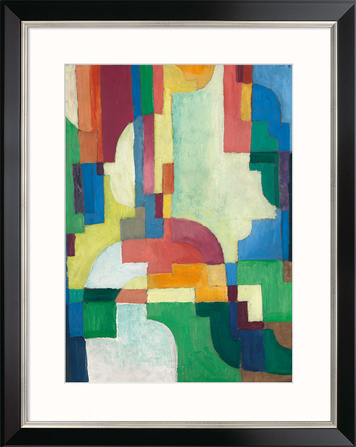 August Macke: Bild ‚Farbige Formen‘ (1913), Version schwarz-silberfarben gerahmt