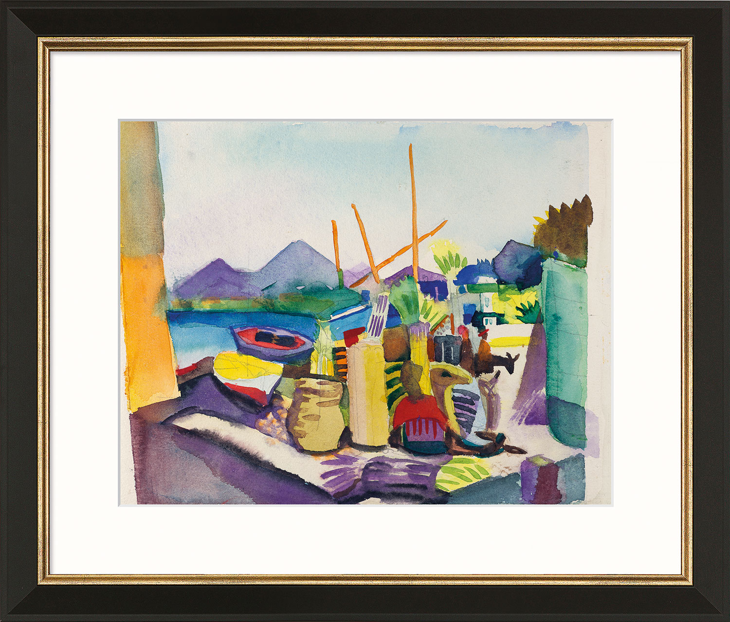 August Macke: Bild ‚Landschaft bei Hammamet‘ (1914), Version schwarz-goldfarben gerahmt
