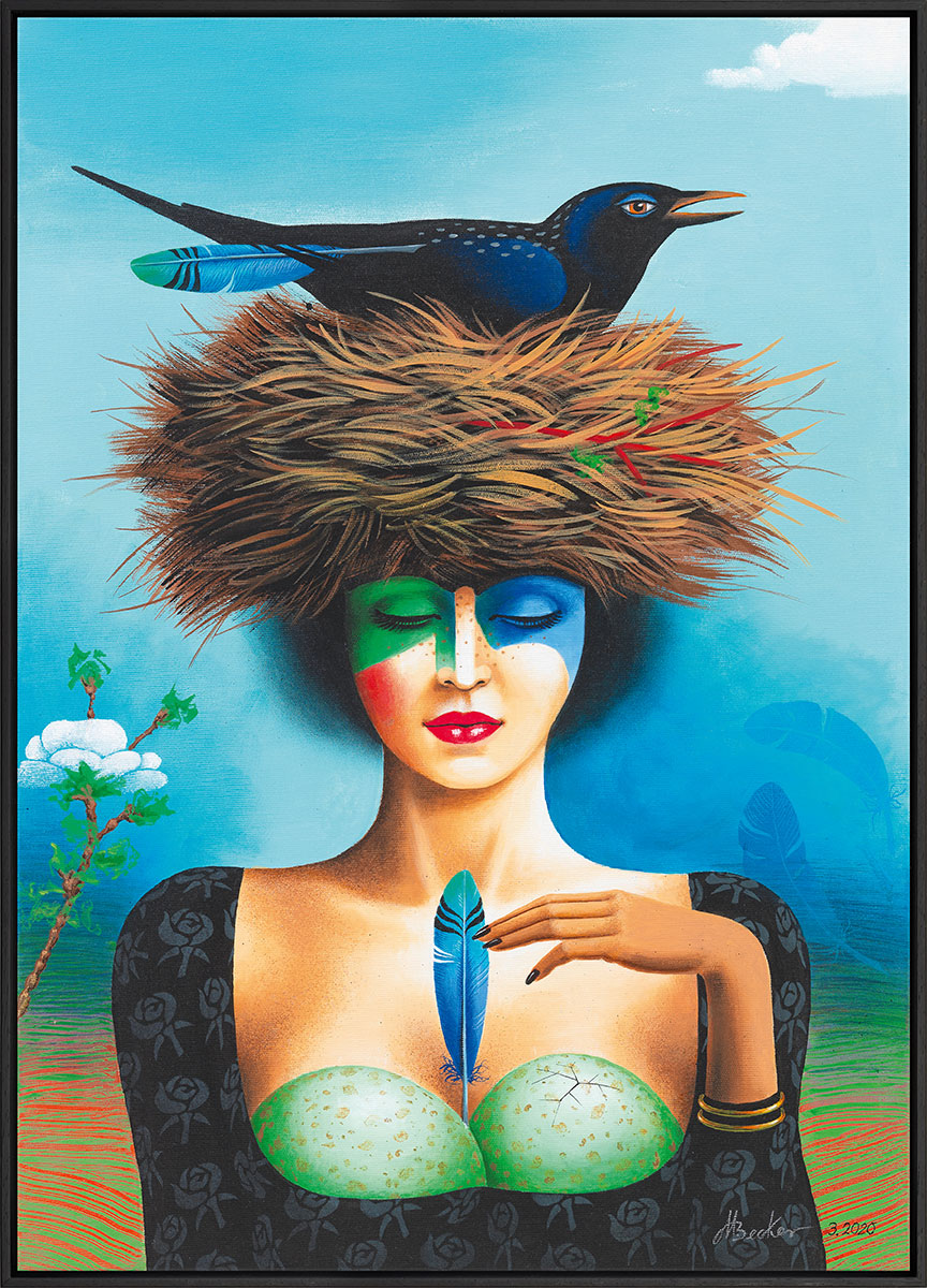 Michael Becker: Bild ‚Im Schutz der blauen Feder‘ (2020), Version schwarz gerahmt