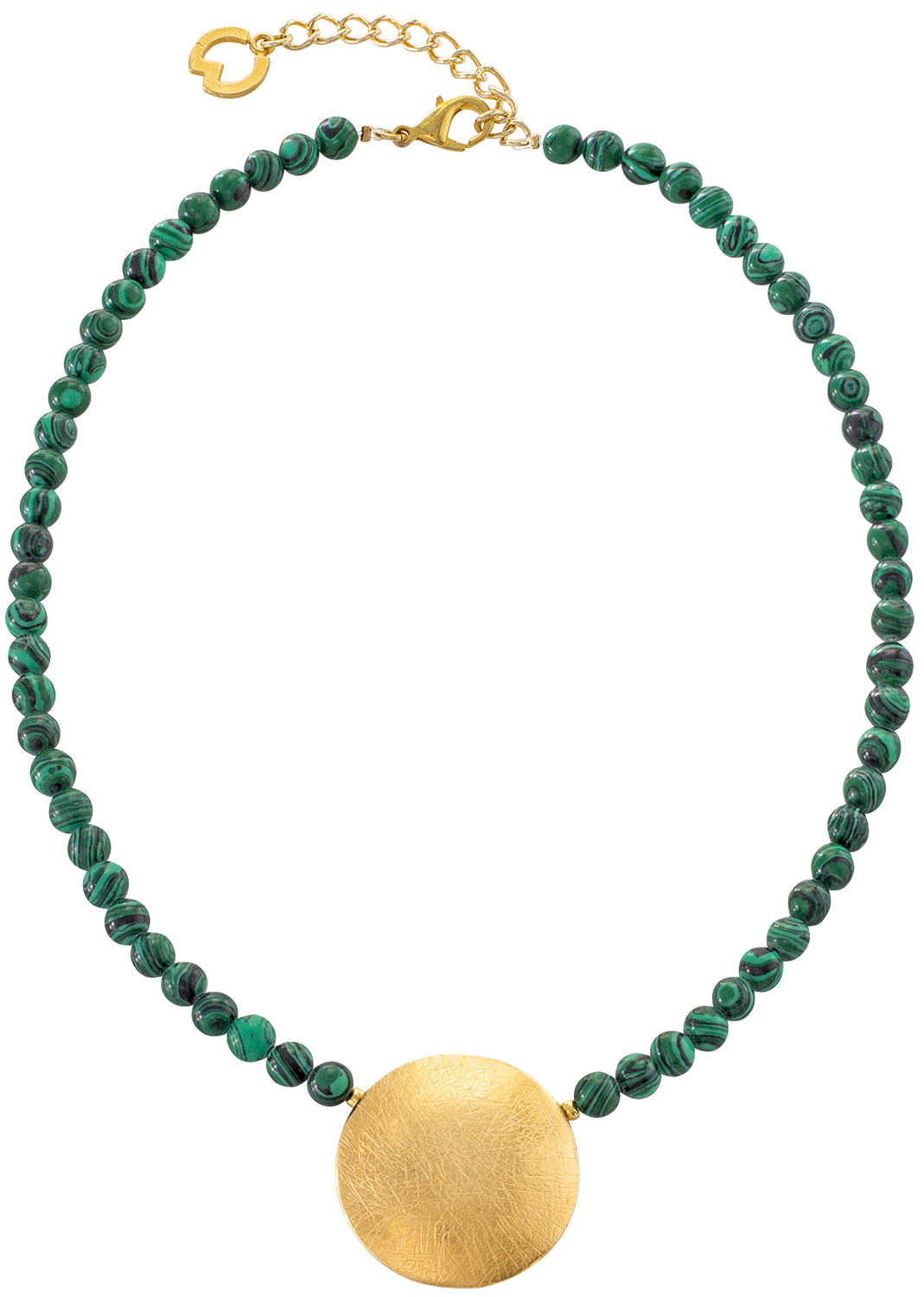 Petra Waszak: Collier ‚Sonnenscheibe‘ mit Malachitperlen, Schmuck