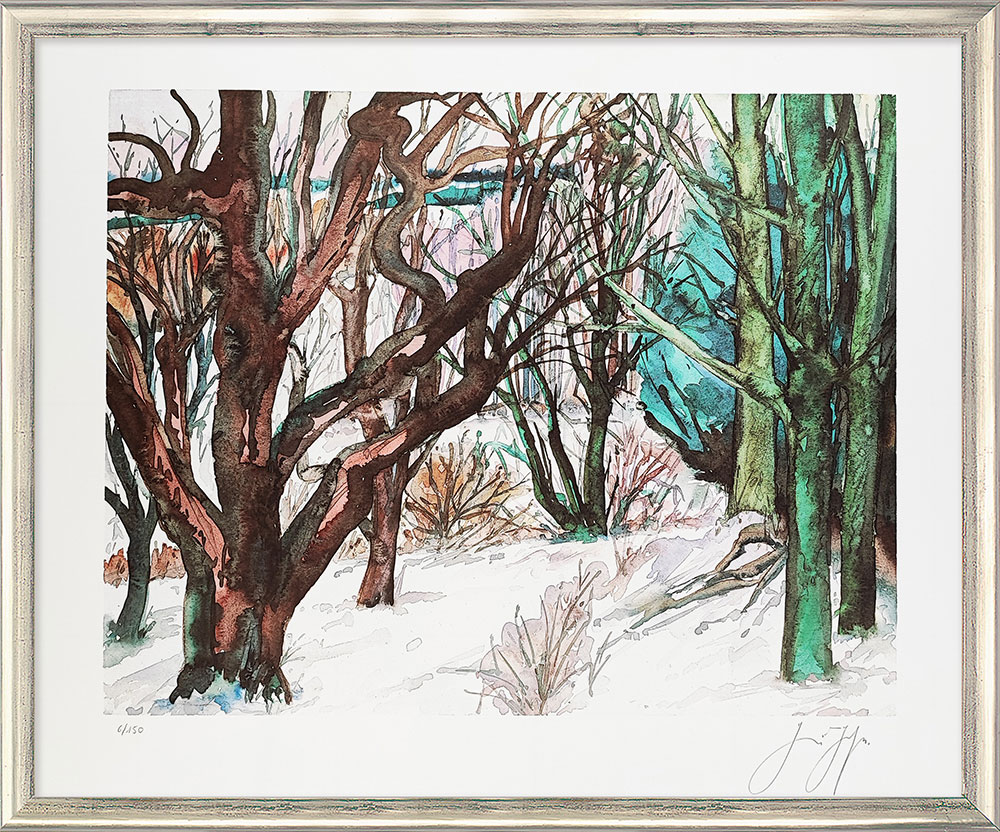 Günter Grass: Bild ‚Winterlandschaft‘, gerahmt