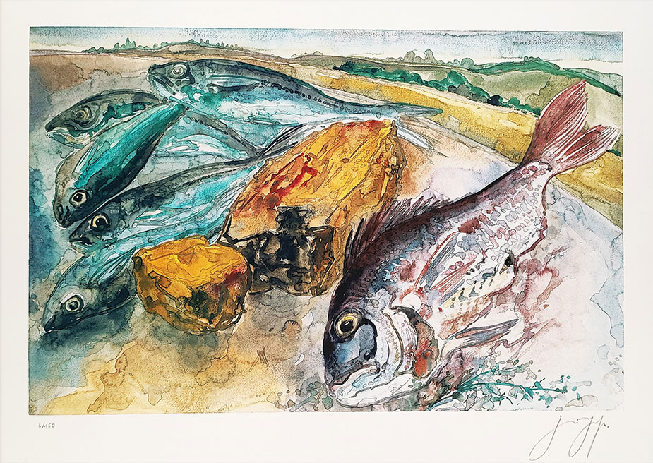 Günter Grass: Bild ‚Fische im Sand‘, ungerahmt
