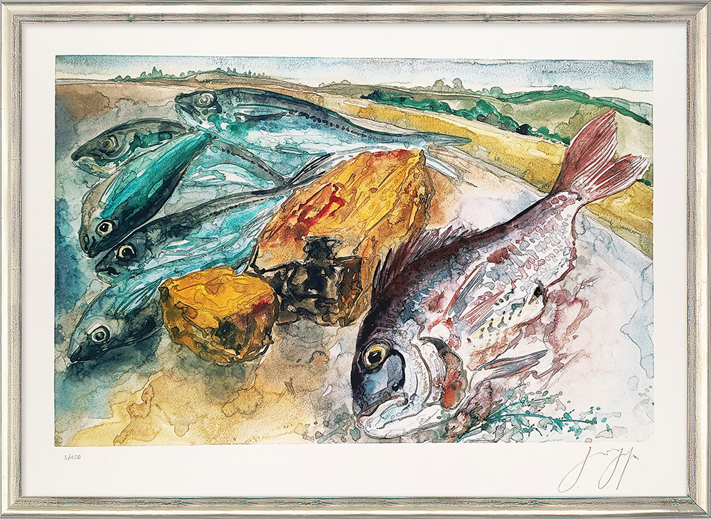 Günter Grass: Bild ‚Fische im Sand‘, gerahmt