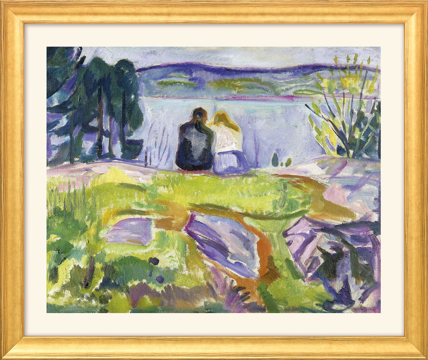 Edvard Munch: Bild ‚Frühling (Liebespaar am Ufer)‘ (1911-13) – aus ‚Jahreszeiten-Zyklus‘, Version goldfarben gerahmt