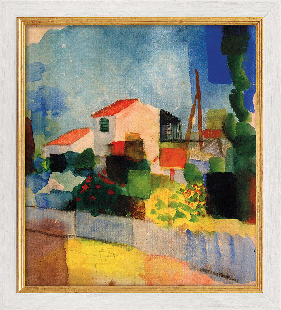 August Macke: Bild ‚Das helle Haus‘ (1914), Version weiß-goldfarben gerahmt