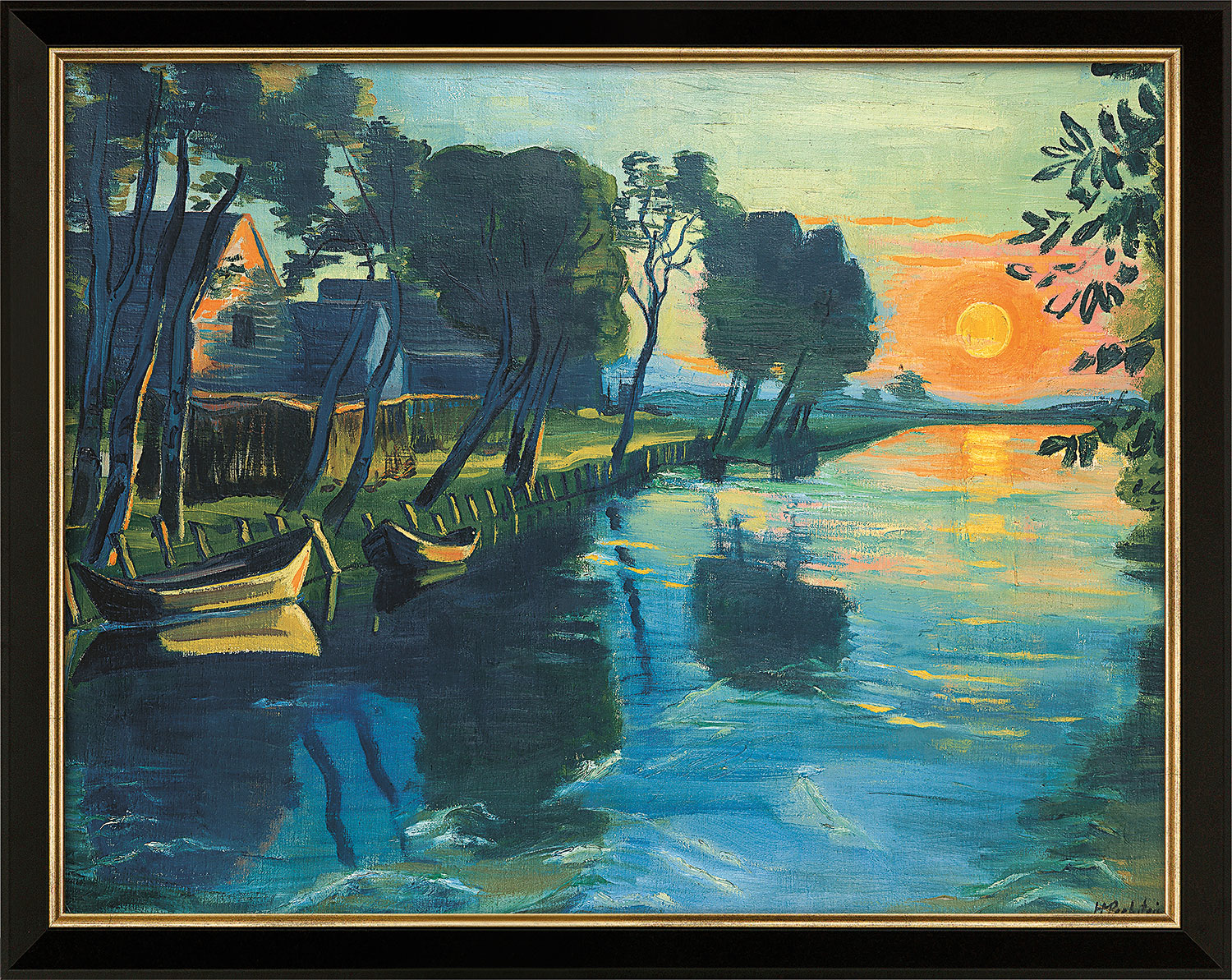 Max Pechstein: Bild ‚Die ersten Sonnenstrahlen am Mühlengraben‘ (um 1934), Version schwarz-goldfarben gerahmt