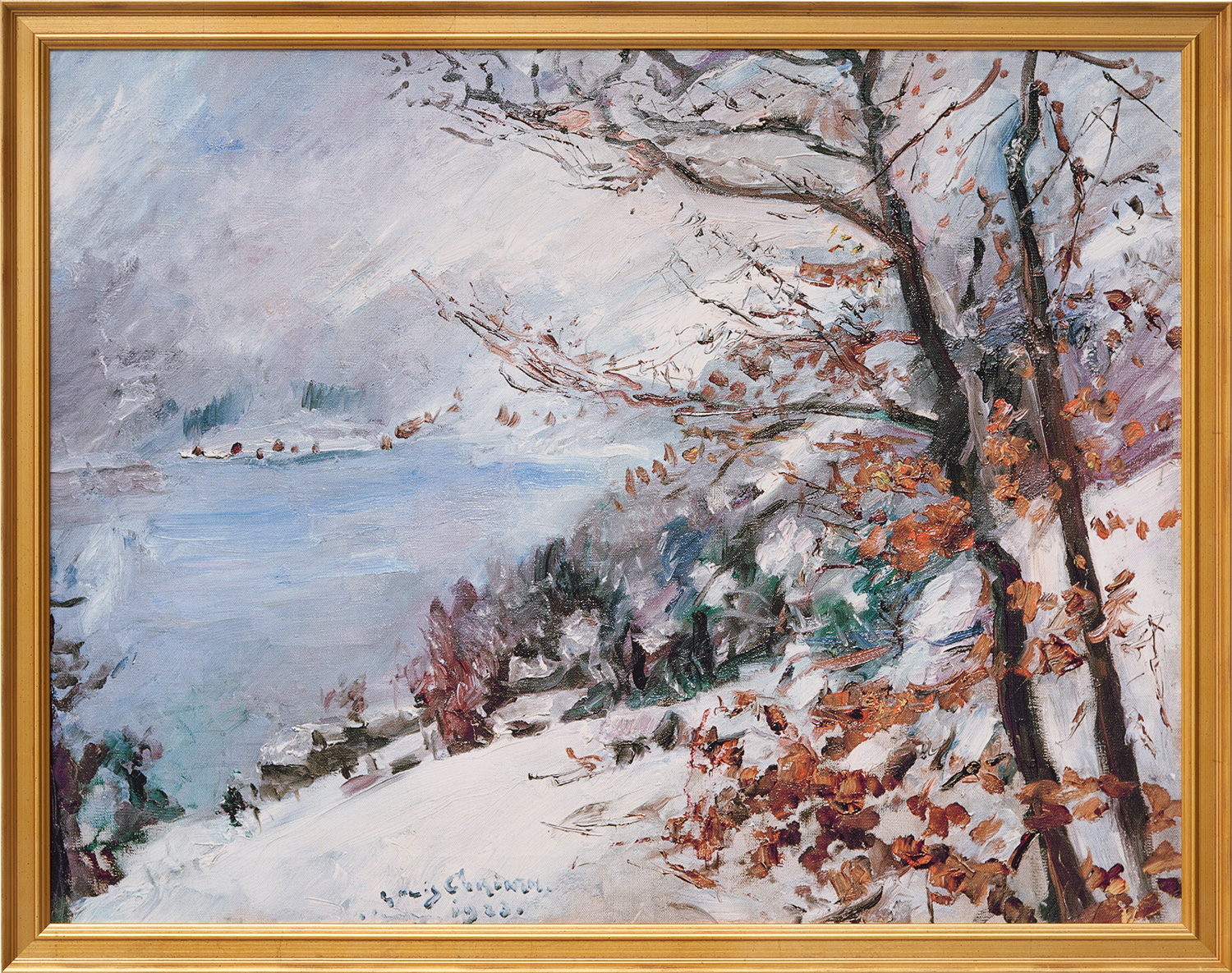 Lovis Corinth: Bild ‚Walchensee im Winter‘ (1923), Version goldfarben gerahmt