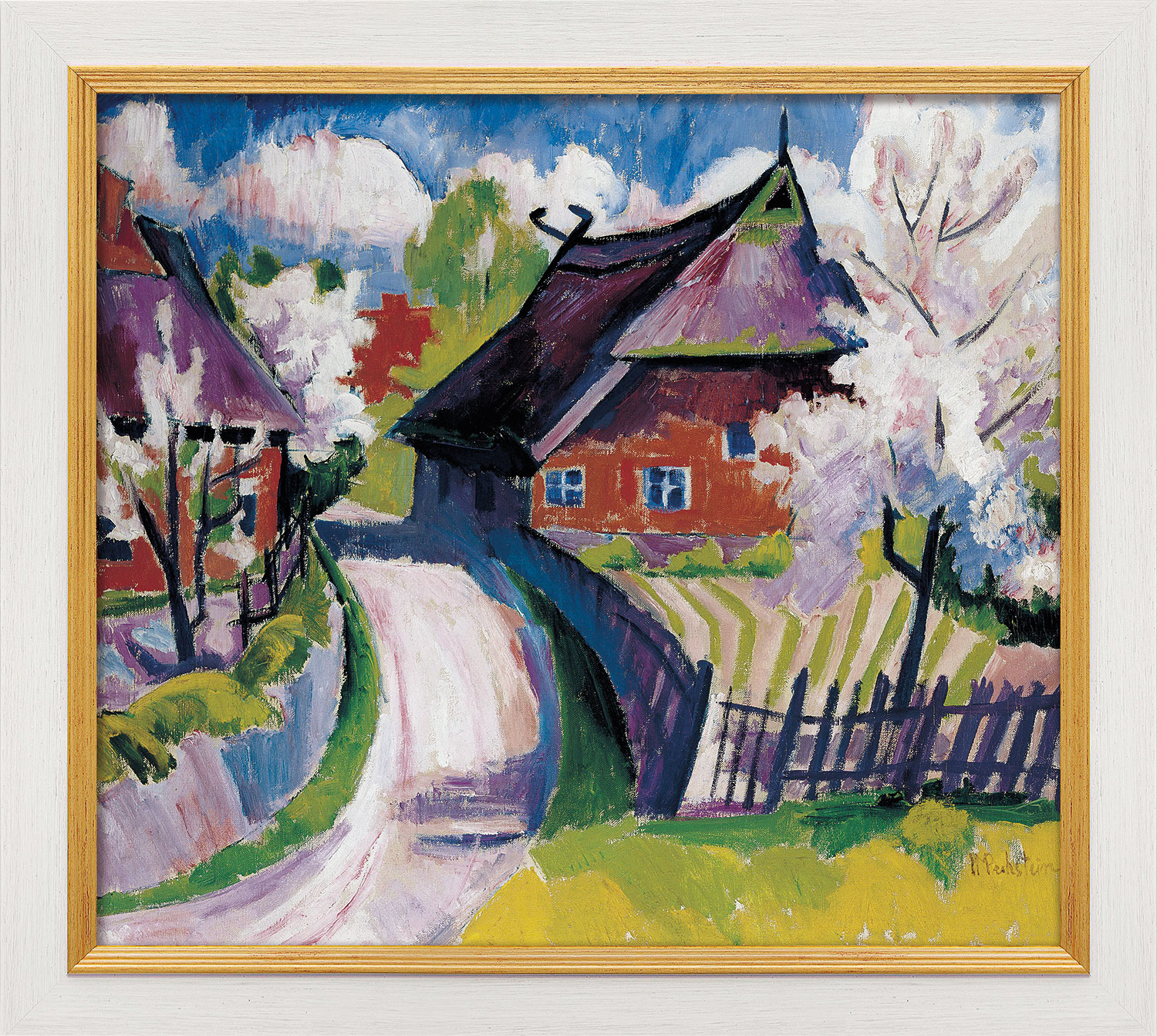 Max Pechstein: Bild ‚Frühlingsblüte‘ (um 1919), Version weiß-goldfarben gerahmt