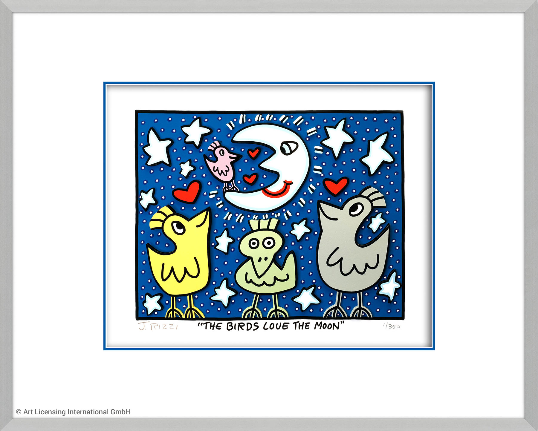 James Rizzi: 3D-Bild ‚The Birds love the Moon‘ (2022), gerahmt