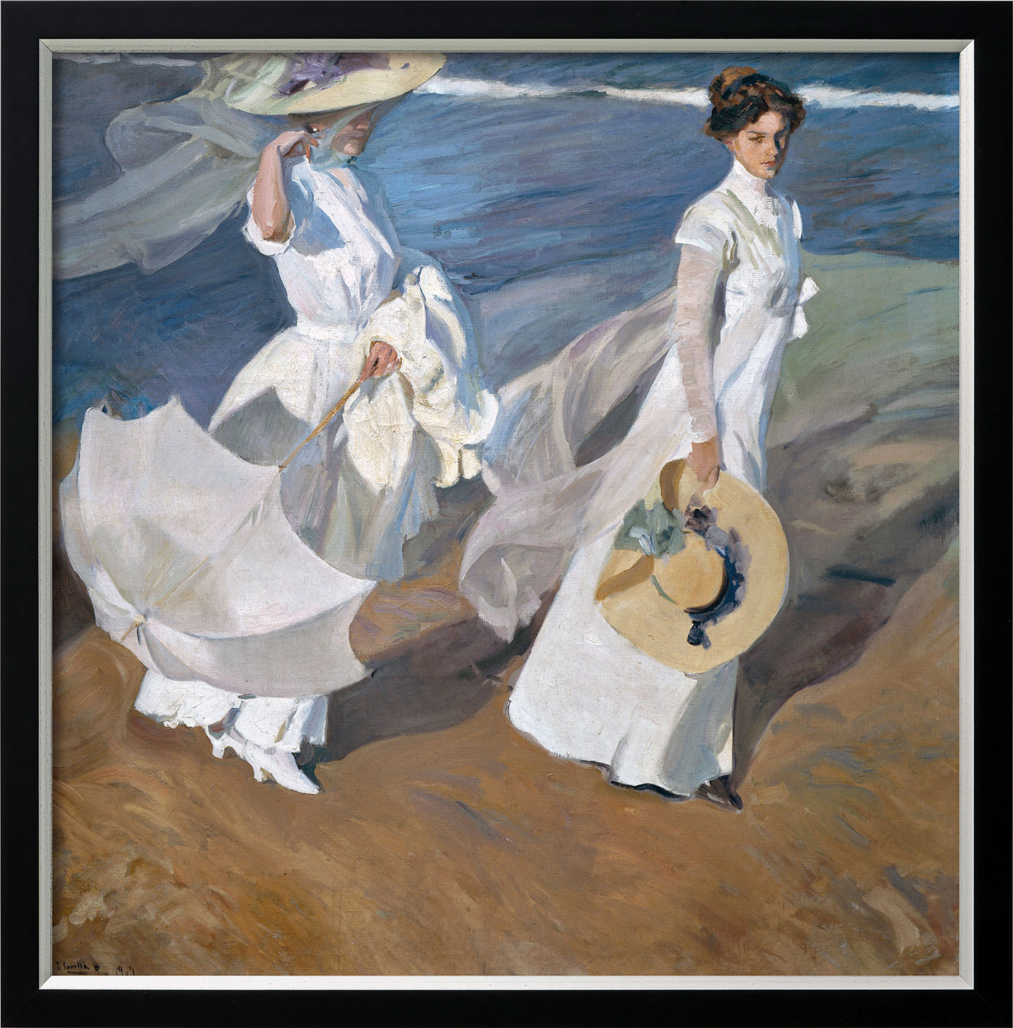 Joaquín Sorolla y Bastida: Bild ‚Spaziergang am Strand‘ (1909), Version schwarz-silberfarben gerahmt
