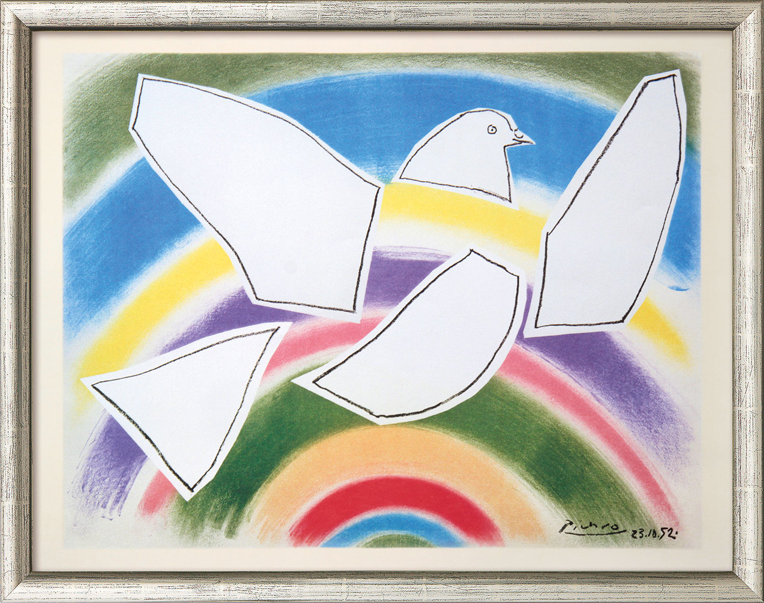 Pablo Picasso: Bild ‚Fliegende Taube im Regenbogen‘ (1952), gerahmt