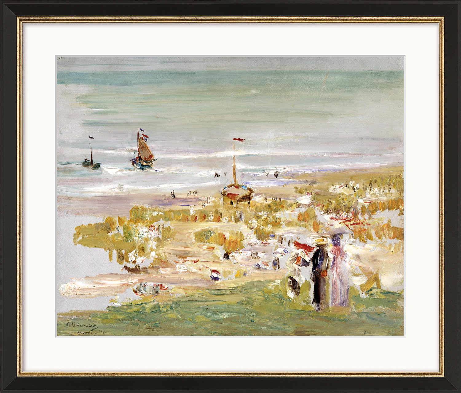 Max Liebermann: Bild ‚Der Strand, Scheveningen‘ (1900), Version schwarz-goldfarben gerahmt