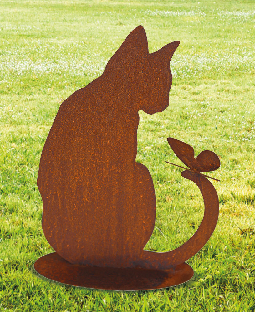 Gartenfigur / Silhouette ‚Katze mit Schmetterling‘, Gartenskulptur