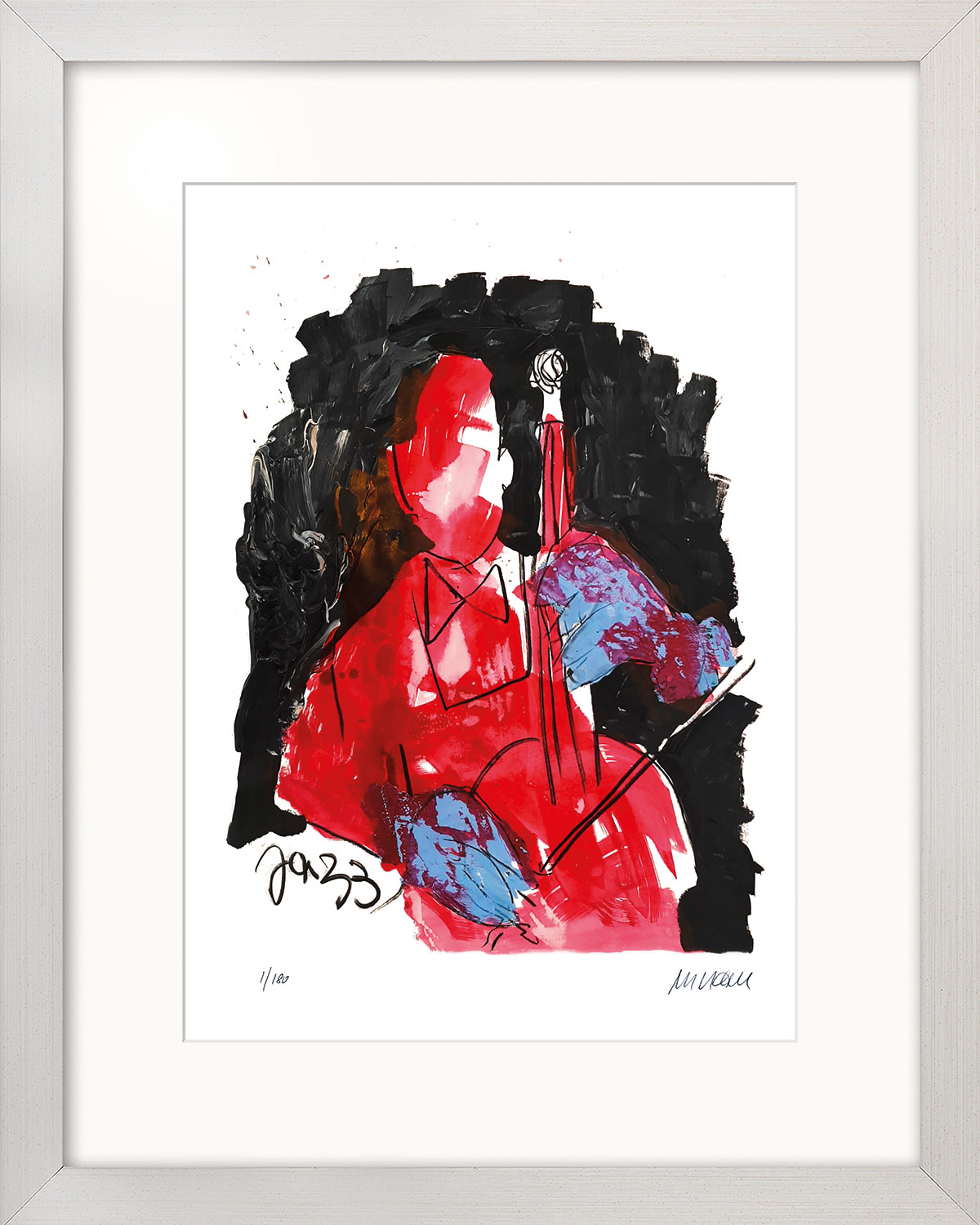 Armin Mueller-Stahl: Bild ‚Bassist in Rot‘ (2022), gerahmt