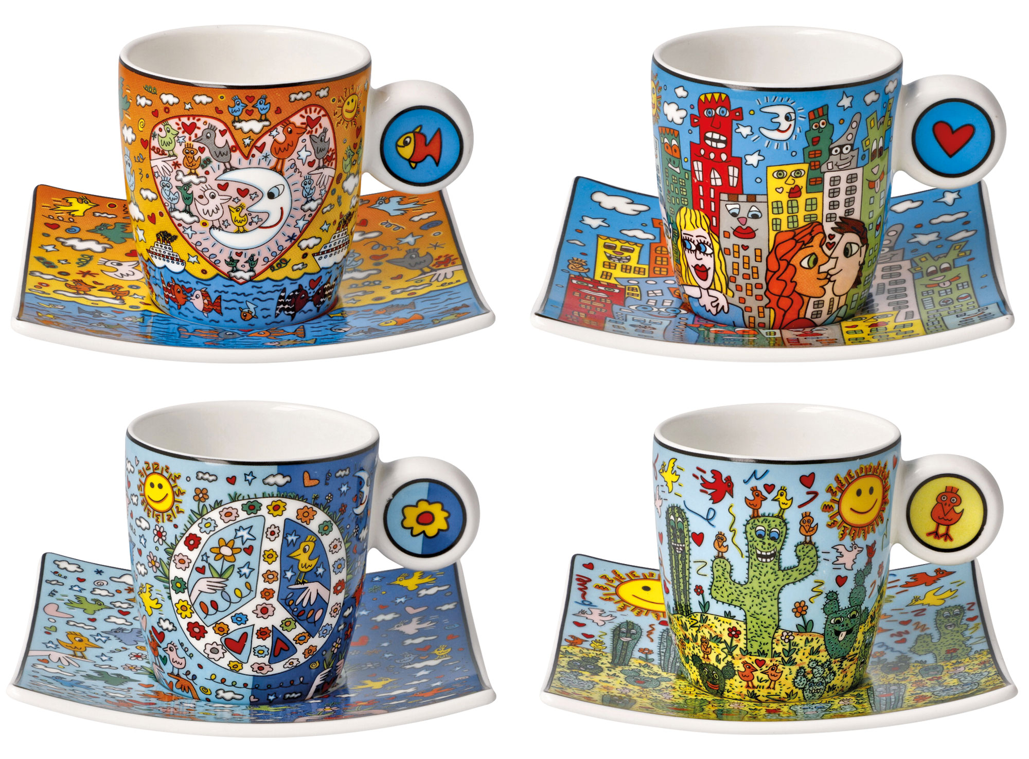 James Rizzi: 4 Espressotassen mit Künstlermotiven im Set, Porzellan