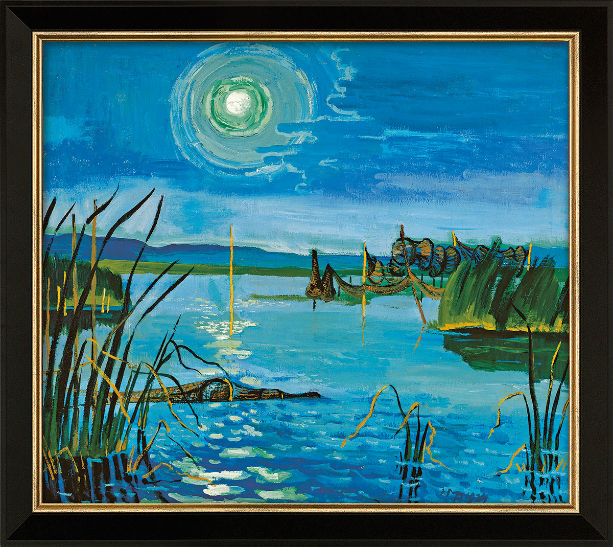 Max Pechstein: Bild ‚Am Garder See‘ (1924), Version schwarz-goldfarben gerahmt