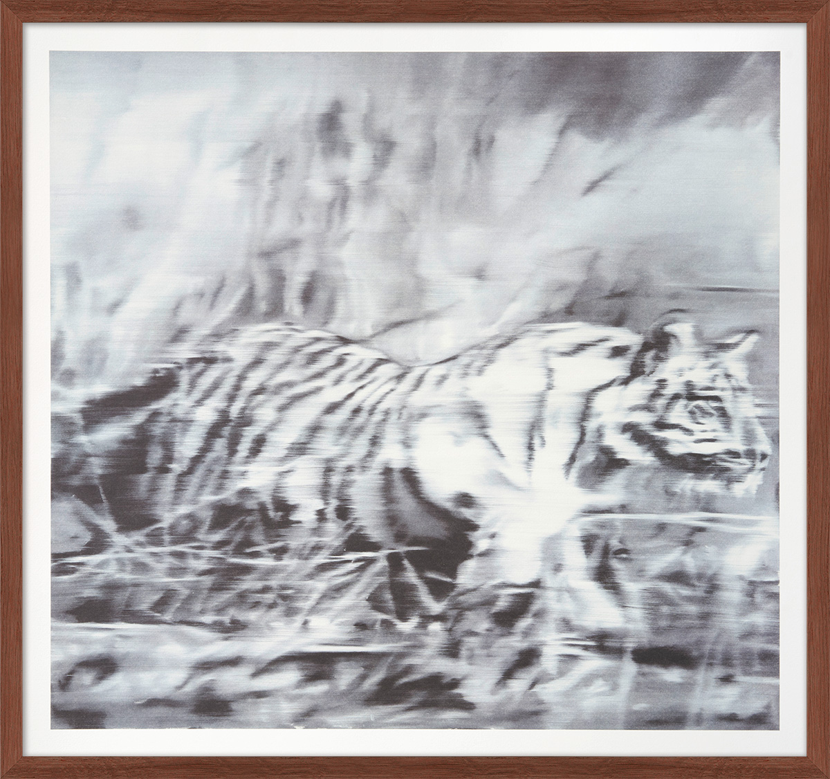Gerhard Richter: Bild ‚Tiger‘ (1965), Version dunkelbraun gerahmt
