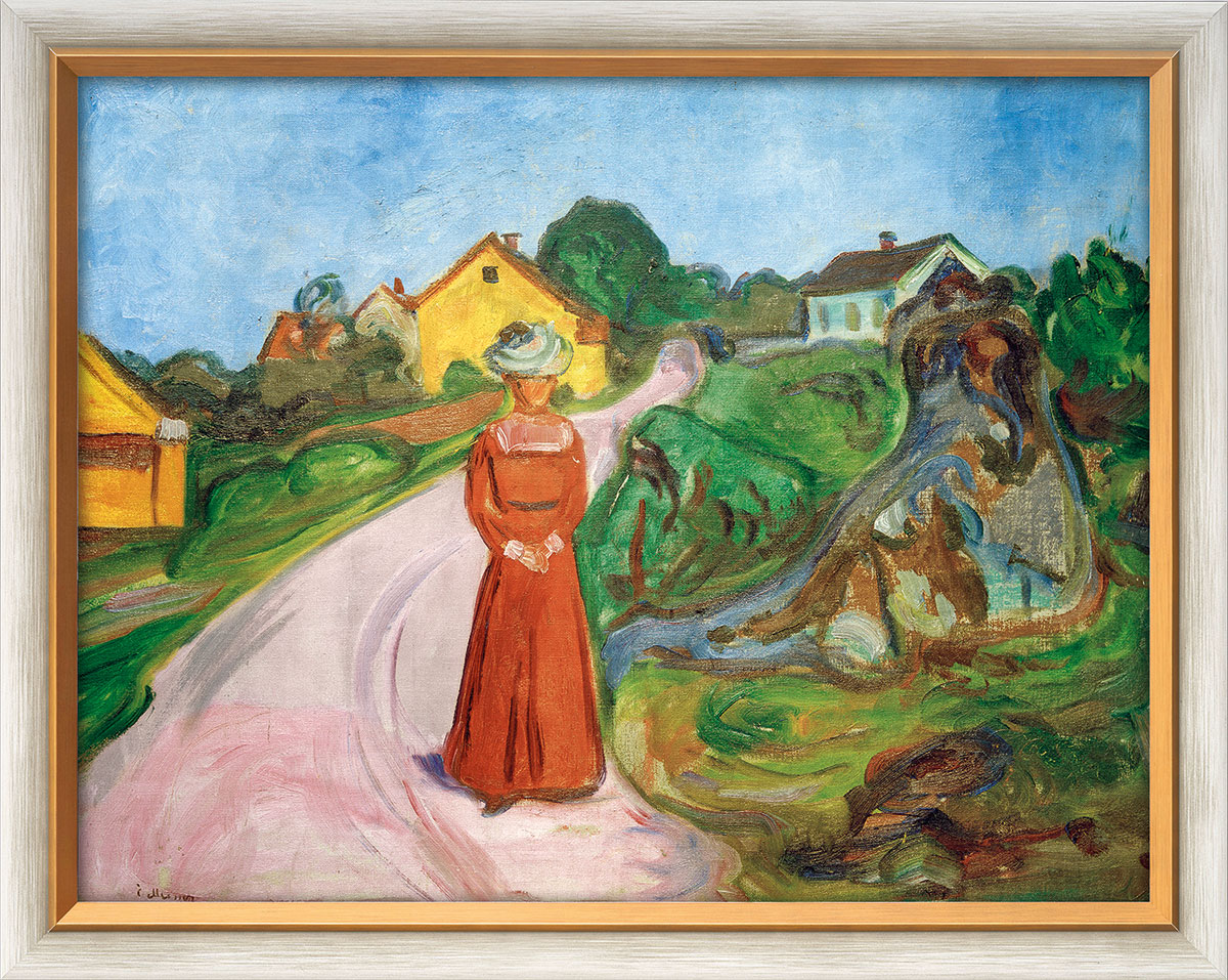 Edvard Munch: Bild ‚Frau im roten Kleid (Straße in Asgardstrand)‘ (1902/03), gerahmt