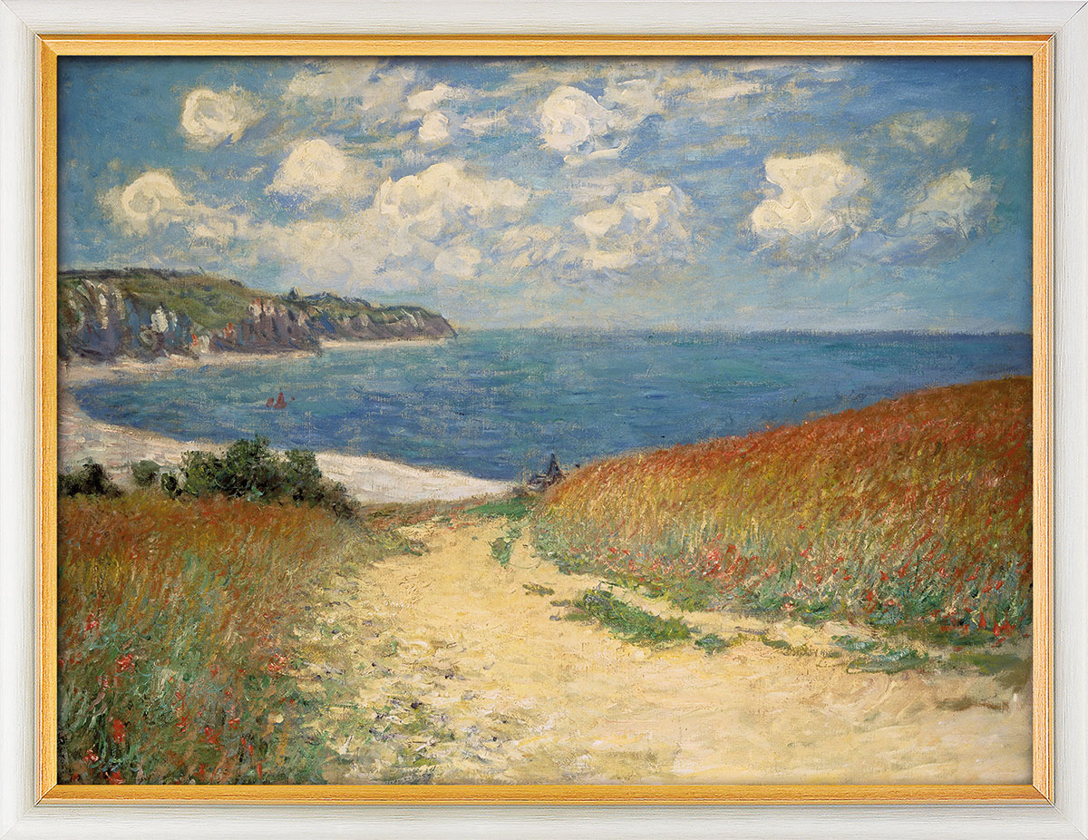 Claude Monet: Bild ‚Strandweg zwischen Weizenfeldern nach Pourville‘ (1882), gerahmt