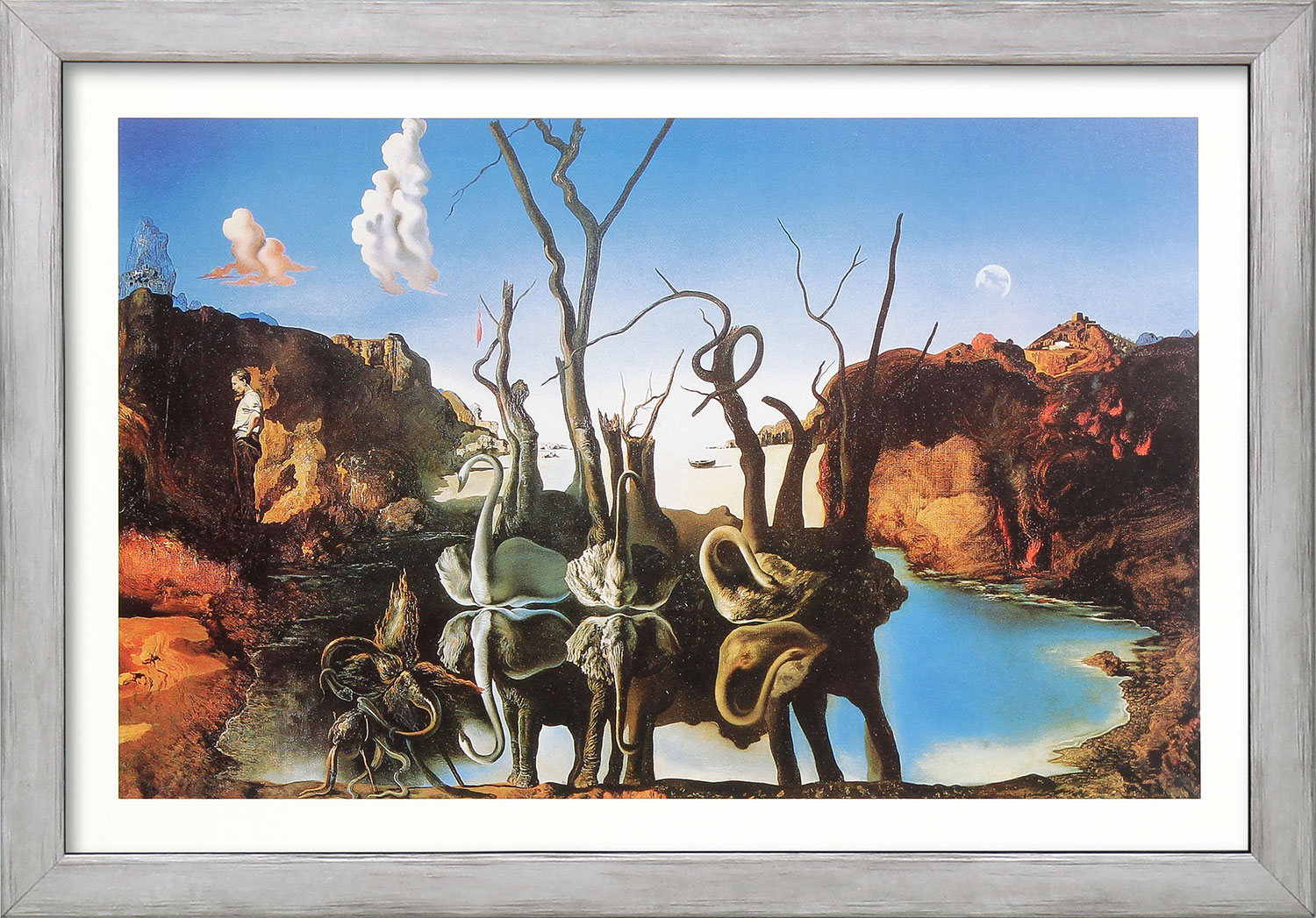 Salvador Dalí: Bild ‚Swan Reflecting Elephants – Schwäne spiegeln Elefanten wider‘ (1937), gerahmt