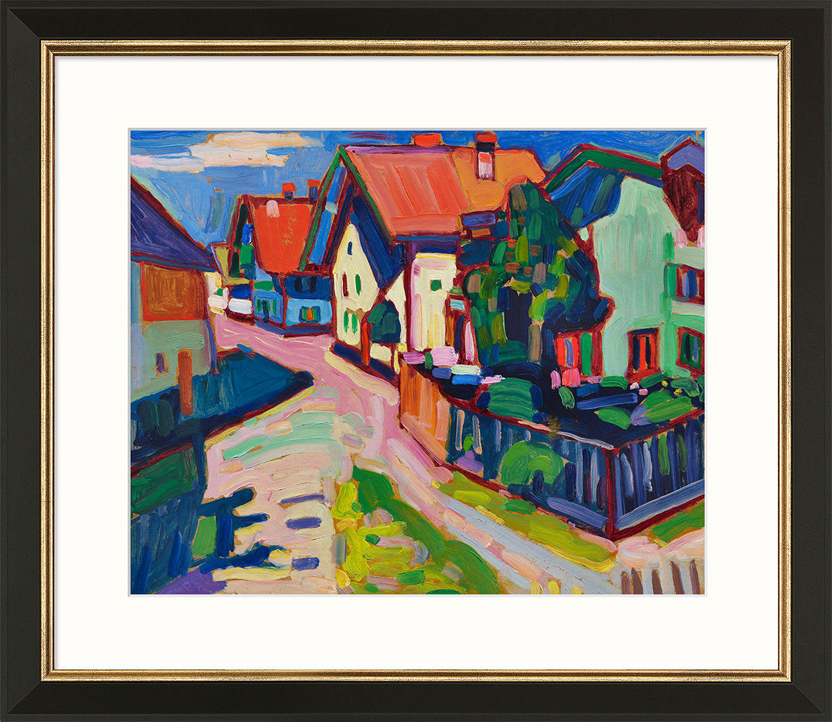 Wassily Kandinsky: Bild ‚Murnau‘ (1908), Version schwarz-goldfarben gerahmt
