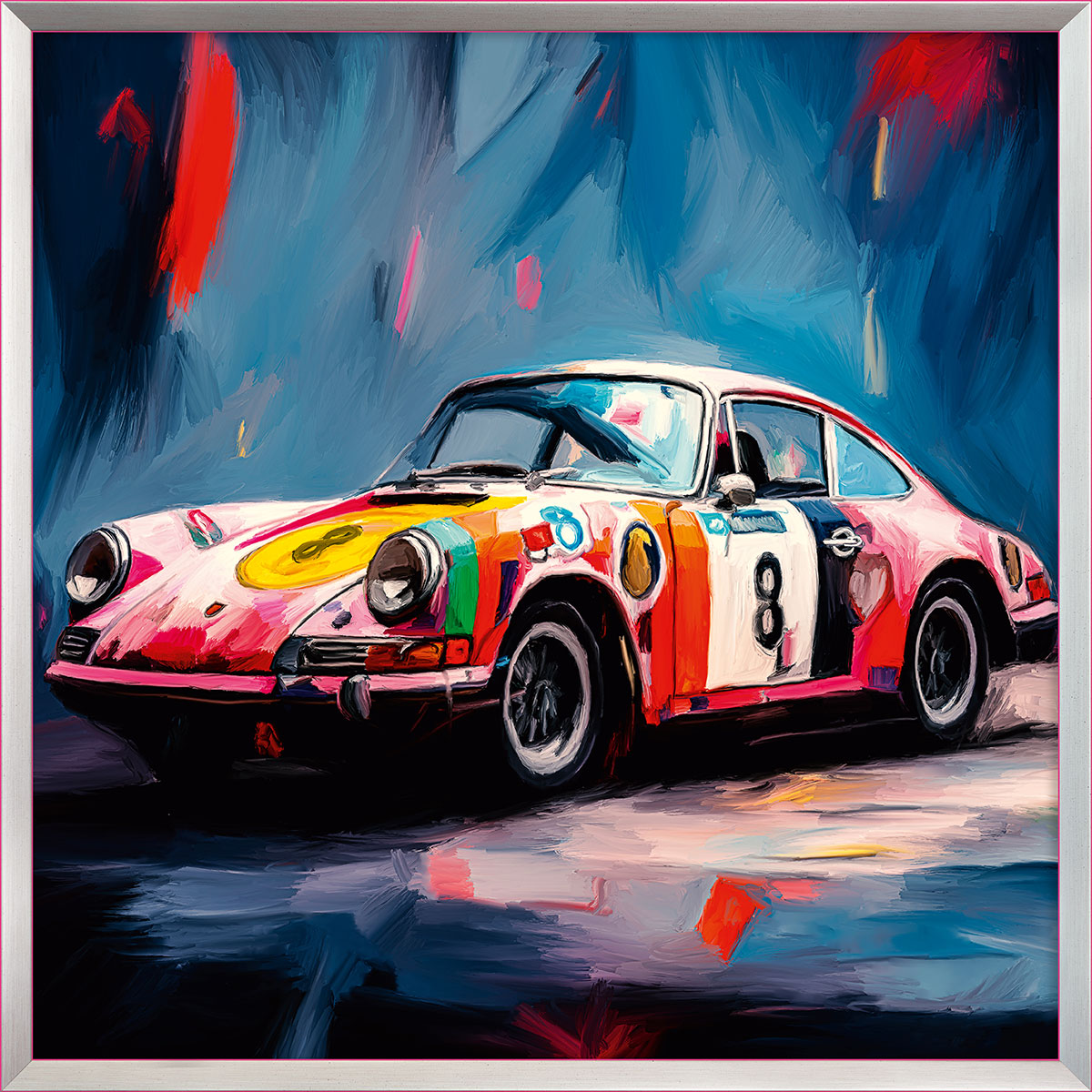 Holger Mühlbauer-Gardemin: Bild ‚Porsche 911‘ (2023), Version pinkfarben gerahmt