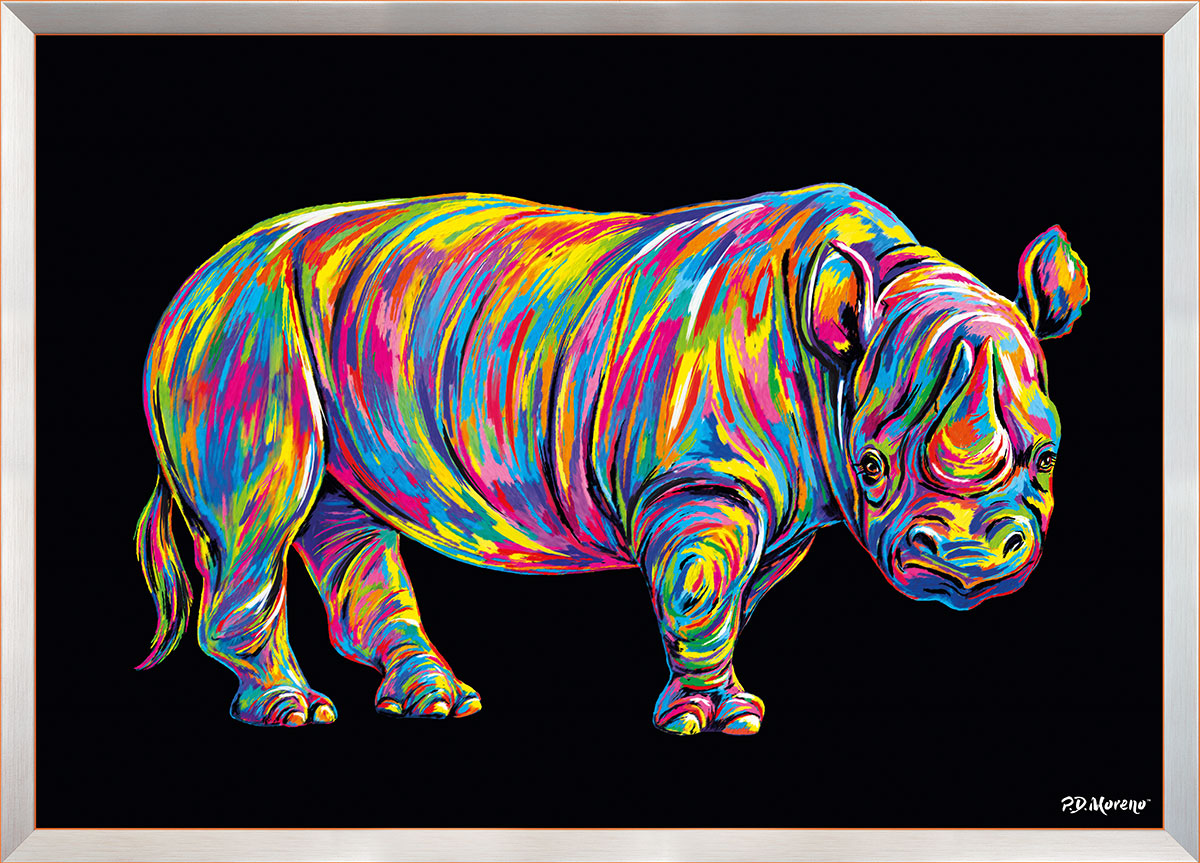 PD Moreno: Bild ‚Rhinozeros‘, Version orangefarben gerahmt
