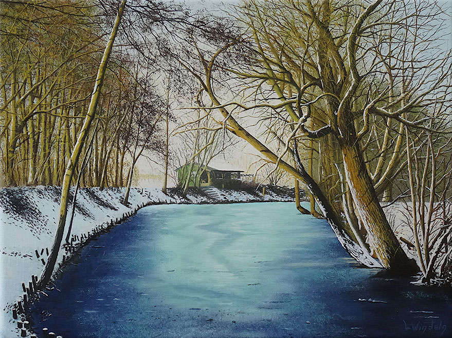 Leo Windeln: Bild ‚Winterlandschaft am Weiher‘ (2024) (Original / Unikat), auf Keilrahmen