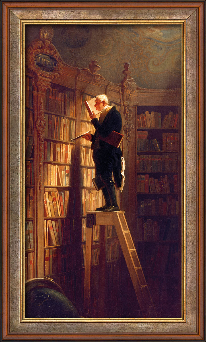 Carl Spitzweg: Bild ‚Der Bücherwurm‘ (um 1850), Version rotbraun gerahmt