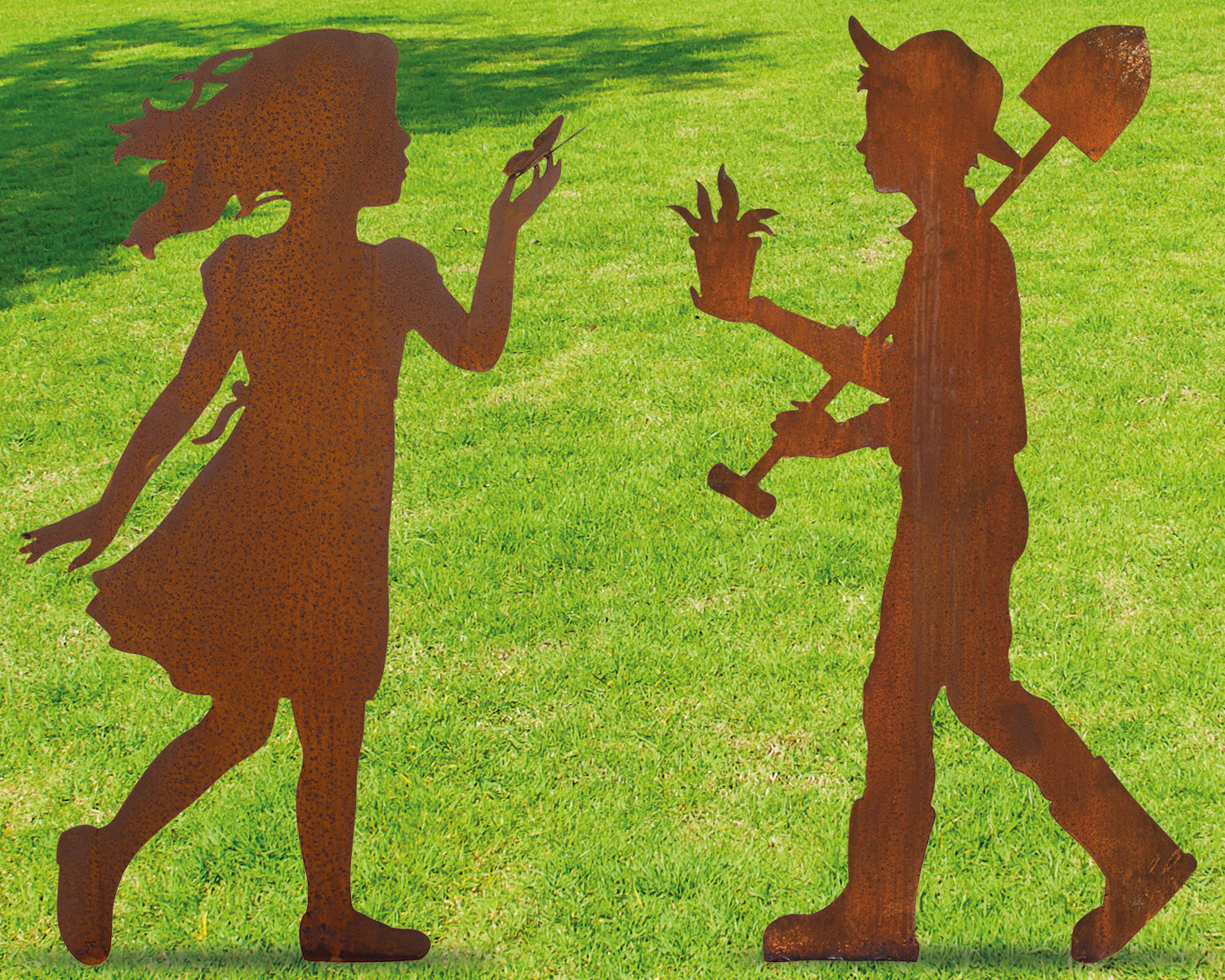2 Gartenfiguren / Silhouetten ‚Greta und Marcus‘ im Set, Gartenskulptur