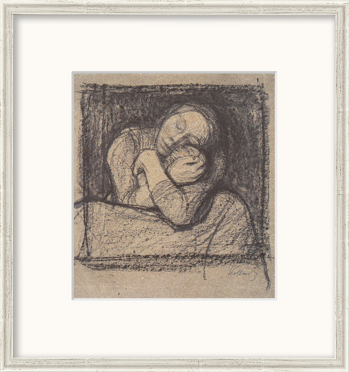 Käthe Kollwitz: Bild ‚Sitzende Mutter, ihr Kind an sich drückend‘ (ca. 1899), gerahmt