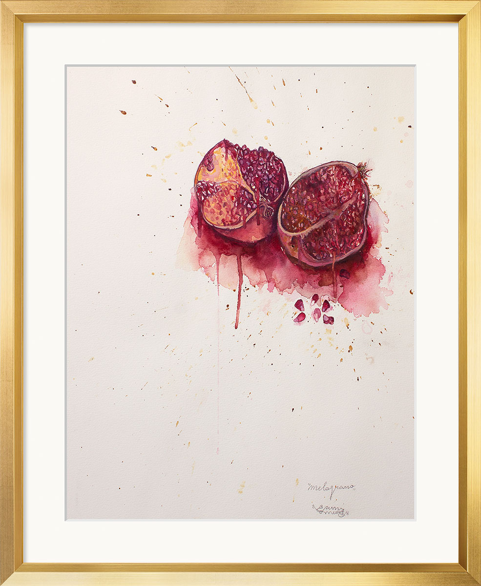 Bruno Bruni: Bild ‚Granatapfel II‘ (Original / Unikat), Version goldfarben gerahmt