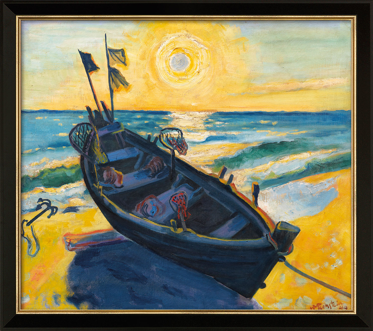 Max Pechstein: Bild ‚Boot bei untergehender Sonne‘ (1949), Version schwarz-goldfarben gerahmt