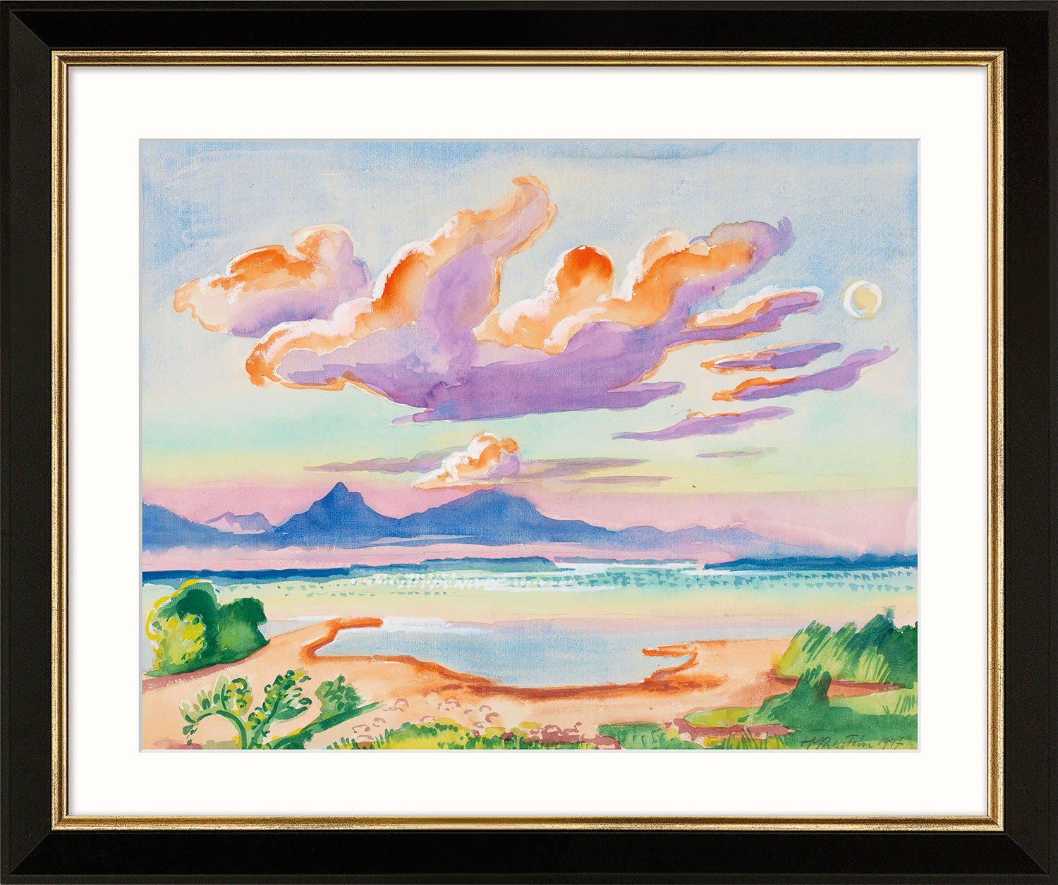 Max Pechstein: Bild ‚Die Wolke, Chiemsee‘ (1947), Version schwarz-goldfarben gerahmt
