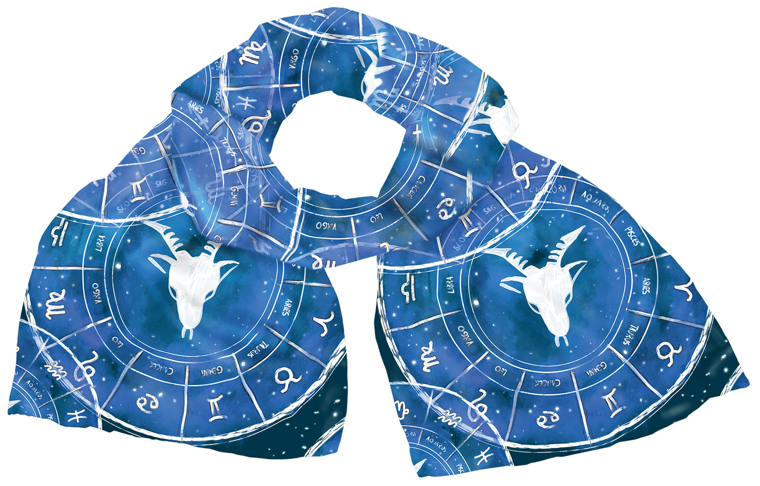 Petra Waszak: Seidenschal ‚Sternzeichen Steinbock‘ (22.12.-20.01.), Version in Blau