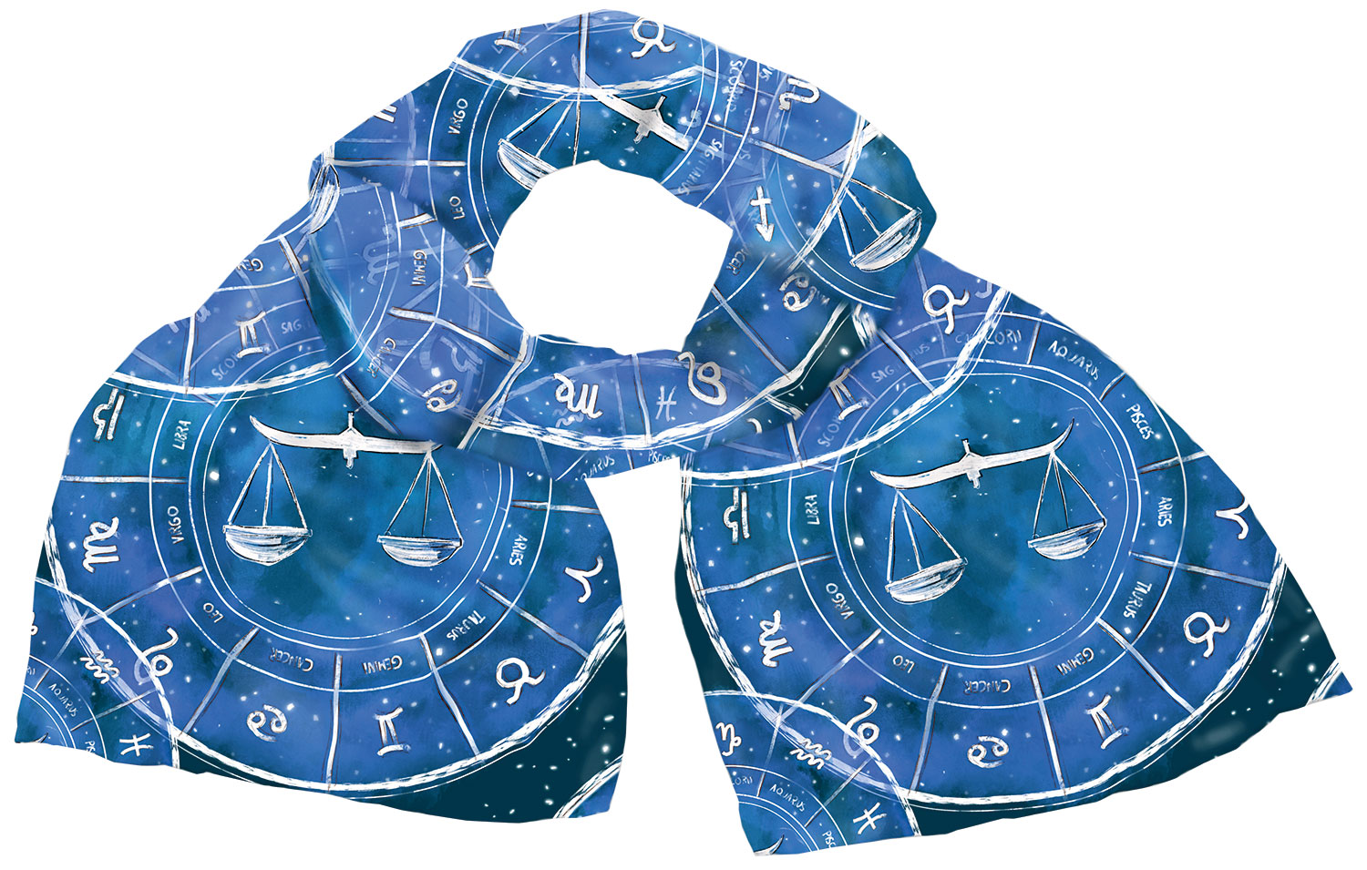 Petra Waszak: Seidenschal ‚Sternzeichen Waage‘ (24.09.-23.10.), Version in Blau