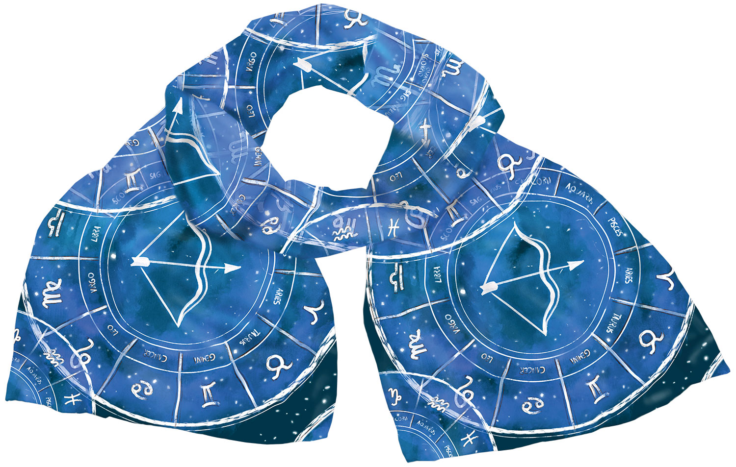 Petra Waszak: Seidenschal ‚Sternzeichen Schütze‘ (23.11.-21.12.), Version in Blau