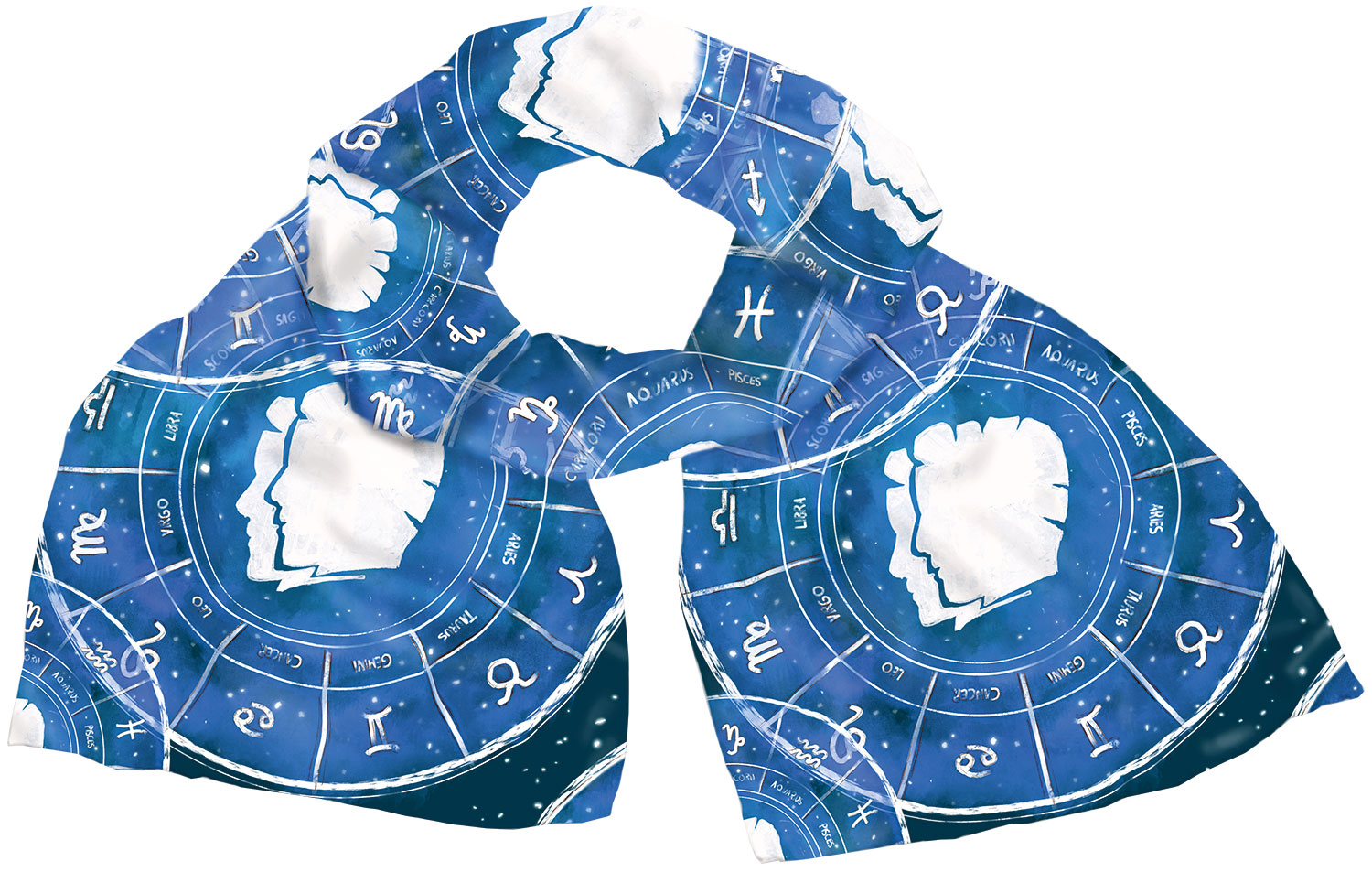 Petra Waszak: Seidenschal ‚Sternzeichen Zwilling‘ (21.05.-21.06.), Version in Blau