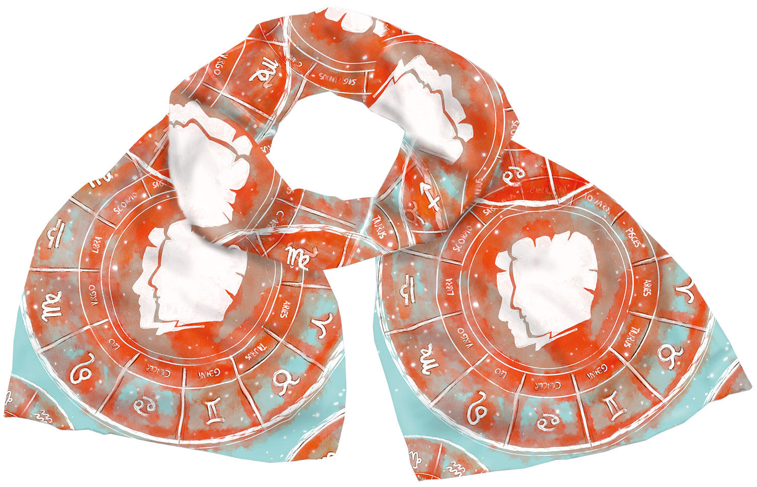 Petra Waszak: Seidenschal ‚Sternzeichen Zwilling‘ (21.05.-21.06.), Version in Orange