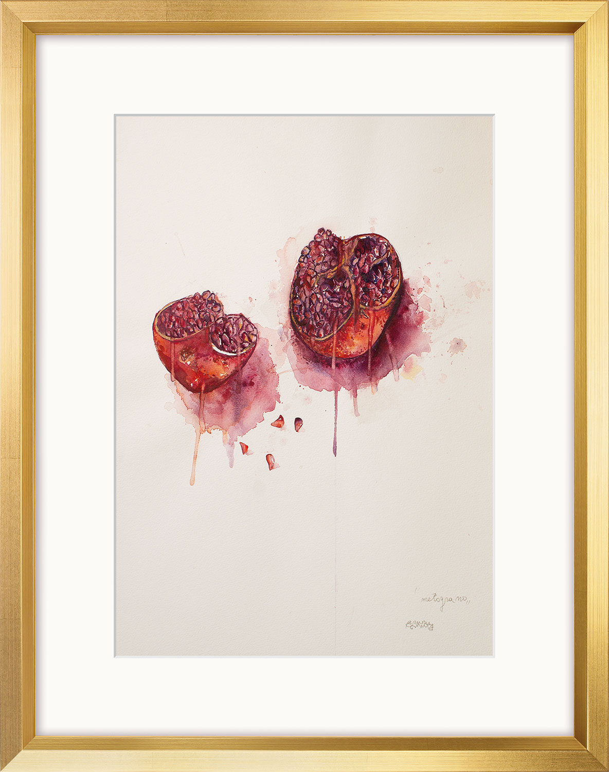 Bruno Bruni: Bild ‚Granatapfel‘ (2022) (Original / Unikat), Version goldfarben gerahmt