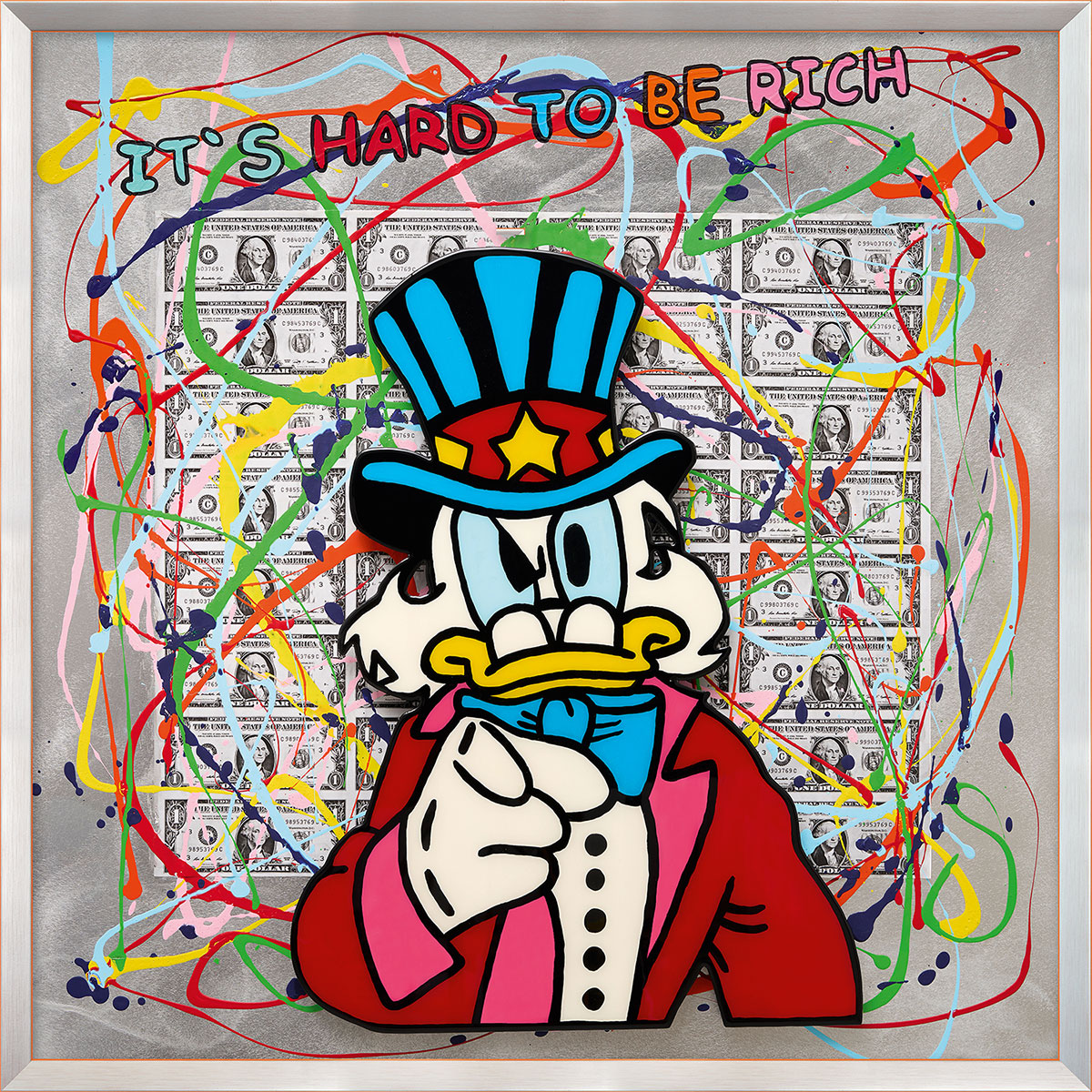 Michael Pfannschmidt: Bild ‚Its Hard To Be Rich‘ (2023), Version orangefarben gerahmt