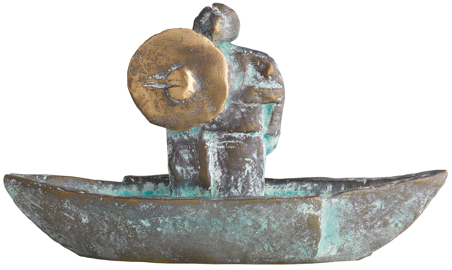 Christoph Fischer: Skulptur ‚Wächter im Boot‘ (2023), Version Bronze grün
