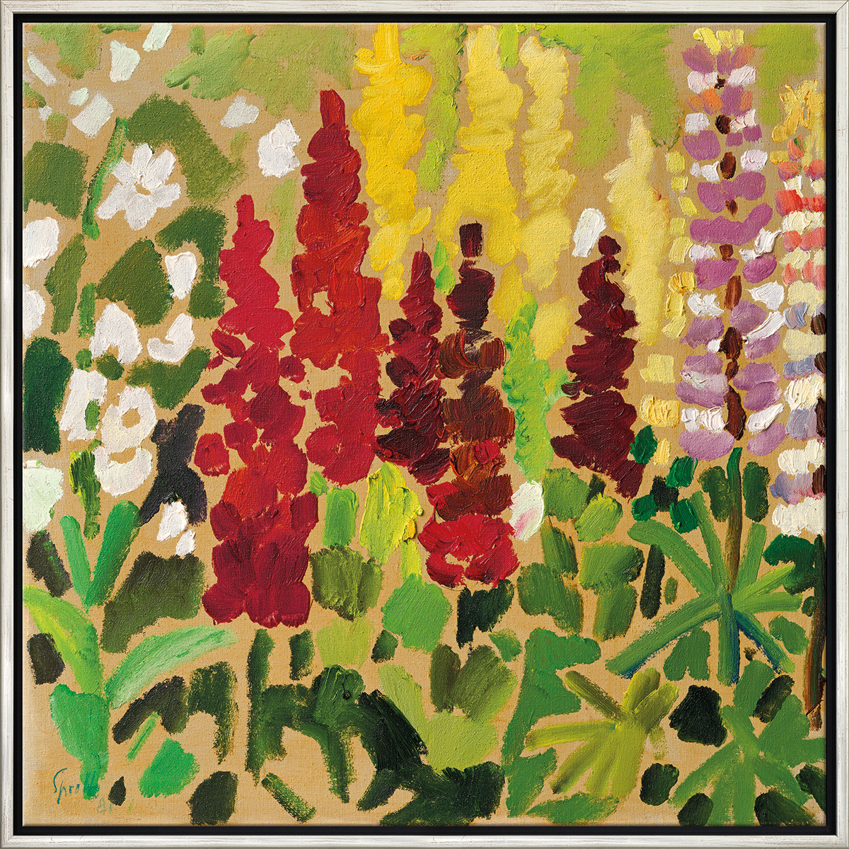 Siegward Sprotte: Bild ‚In meinem Garten‘ (1981), Version silberfarben gerahmt