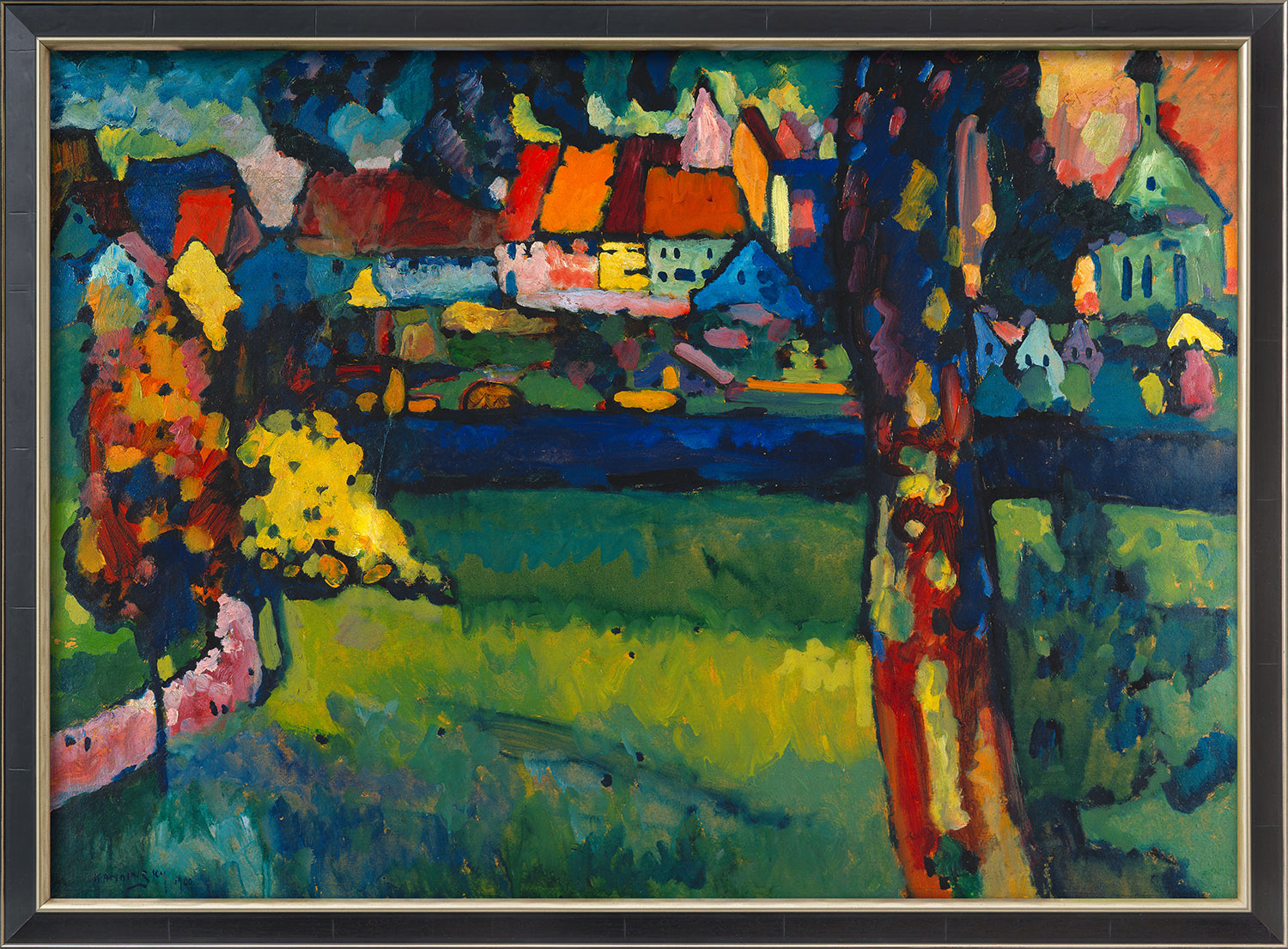 Wassily Kandinsky: Bild ‚Oberbayrische Kleinstadt (Murnau)‘ (1909), gerahmt