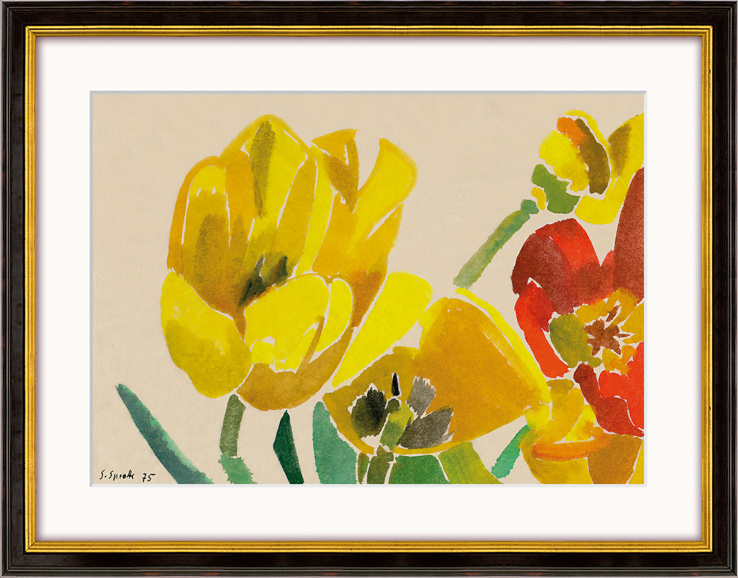 Siegward Sprotte: Bild ‚Im Garten meiner Mutter II‘ (1975), Version schwarz-goldfarben gerahmt