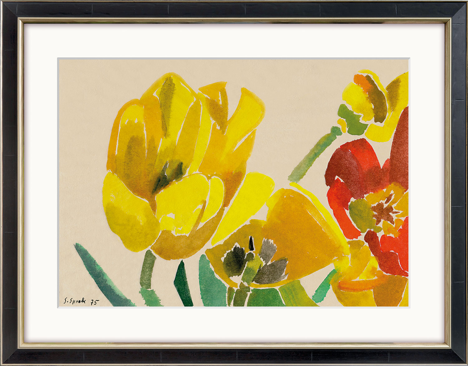Siegward Sprotte: Bild ‚Im Garten meiner Mutter II‘ (1975), Version schwarz-silberfarben gerahmt