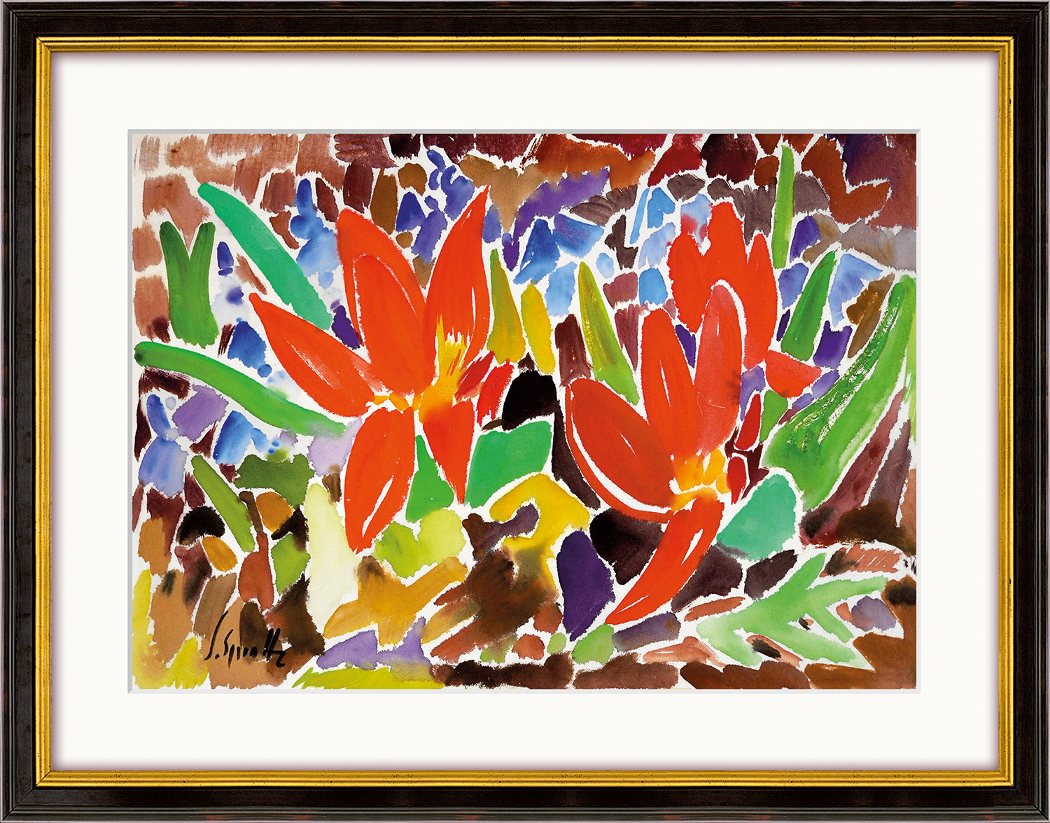 Siegward Sprotte: Bild ‚Tulpen und Scilla‘ (1975), Version schwarz-goldfarben gerahmt