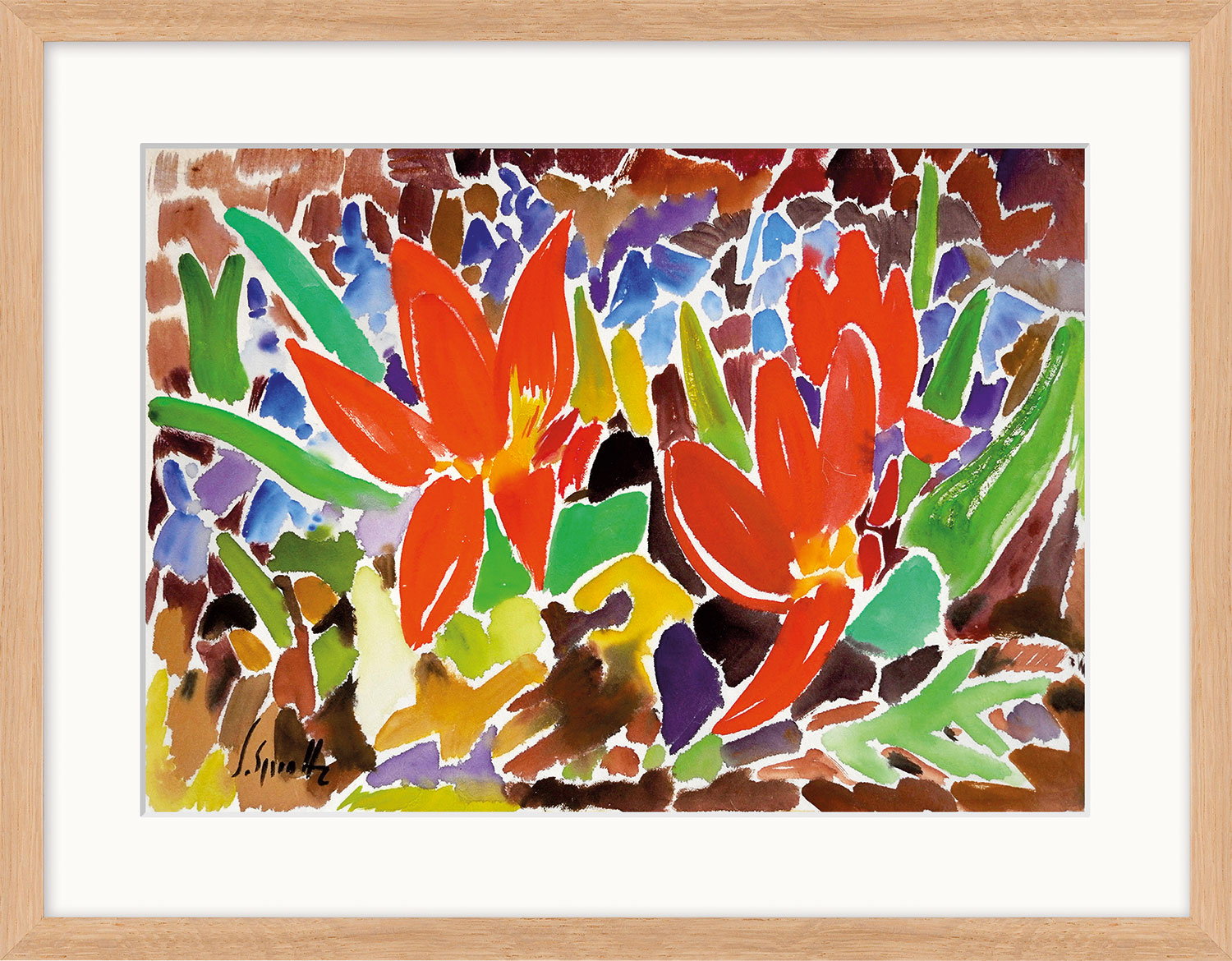 Siegward Sprotte: Bild ‚Tulpen und Scilla‘ (1975), Version naturfarben gerahmt