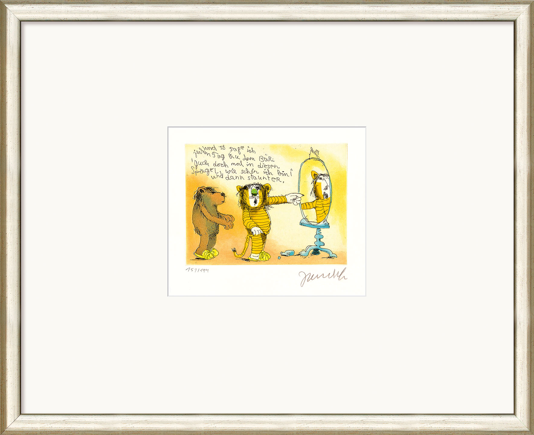 Janosch: Bild ‚Guck doch mal in diesen Spiegel‘ (2014), gerahmt